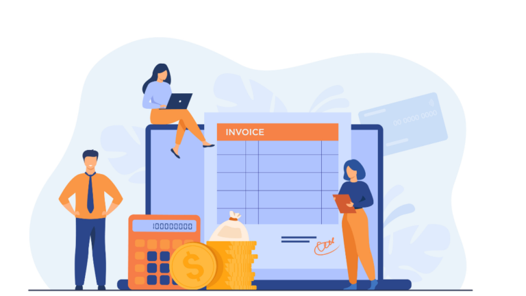 A small business team using a laptop to create GST bills, with coins and cash nearby — just like the easy, digital billing process explained by GSTBillWale.