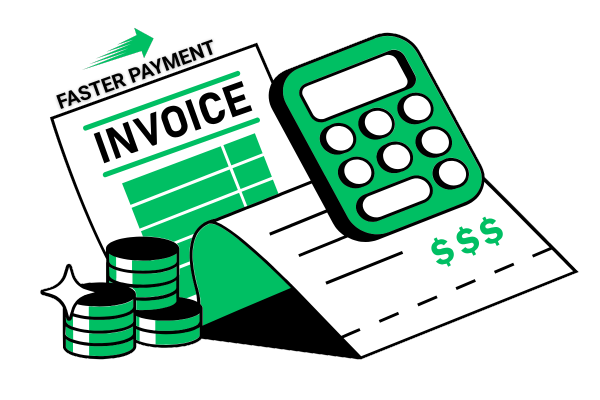 Illustration showing GST invoice, calculator, and cash flow concept — perfect visual for fast invoicing and quick payment using GST billing software for small businesses.
