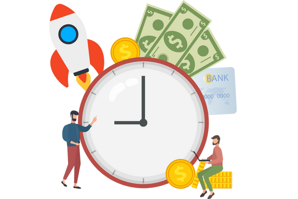 Save time and boost productivity with GST Billing Software – clock, rocket, and money illustration representing faster invoicing and automation benefits for small businesses