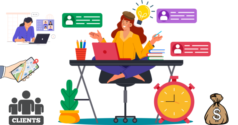 Illustration showing how to file GST as a freelancer, with a remote worker handling clients, communication, time, and payments across multiple locations.