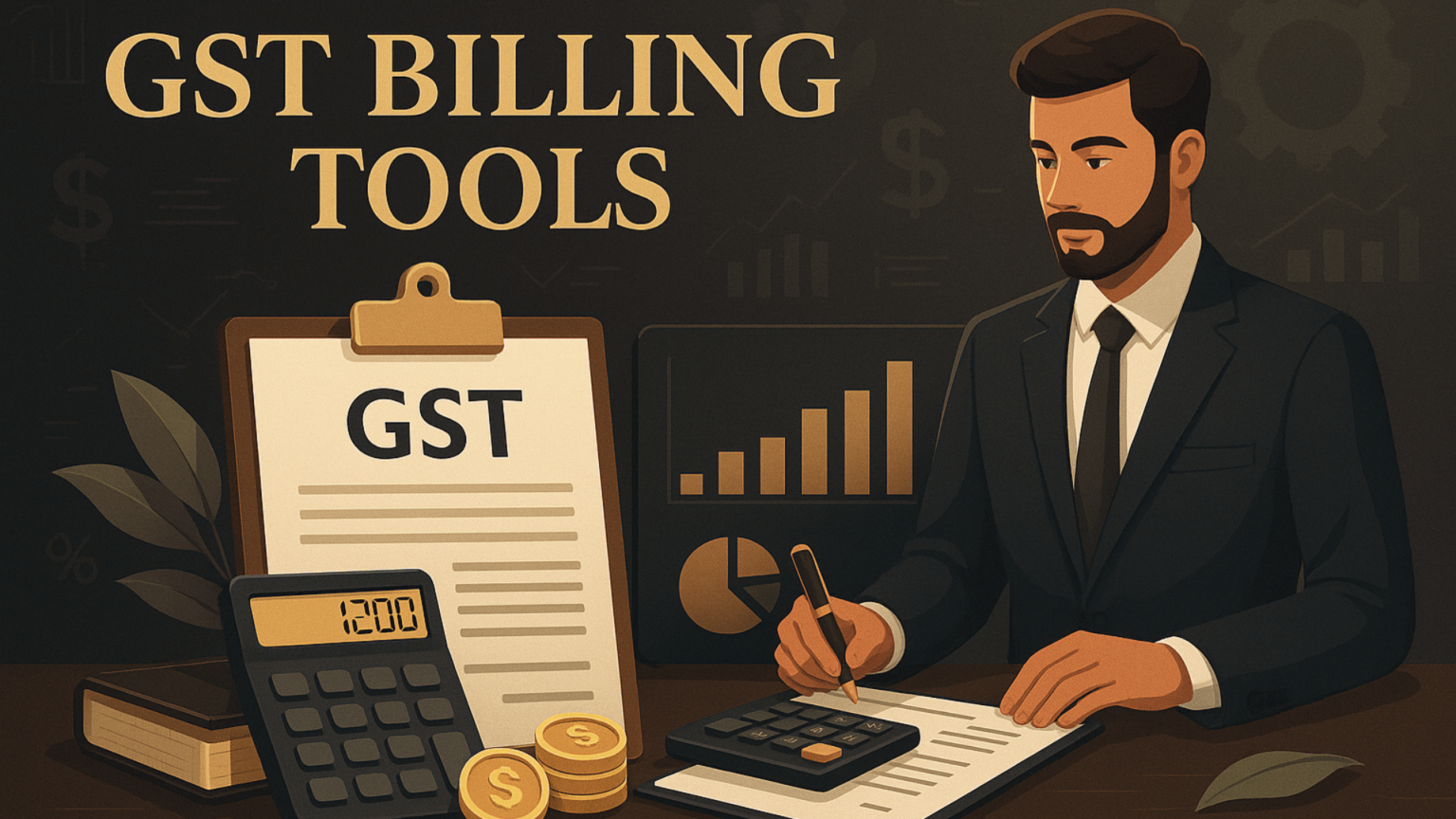 Illustration of Free GST Billing Software in India 2025 with modern dashboard, professional UI, and popular software logos like Vyapar, Zoho, Swipe, CaptainBiz, and BookKeeper