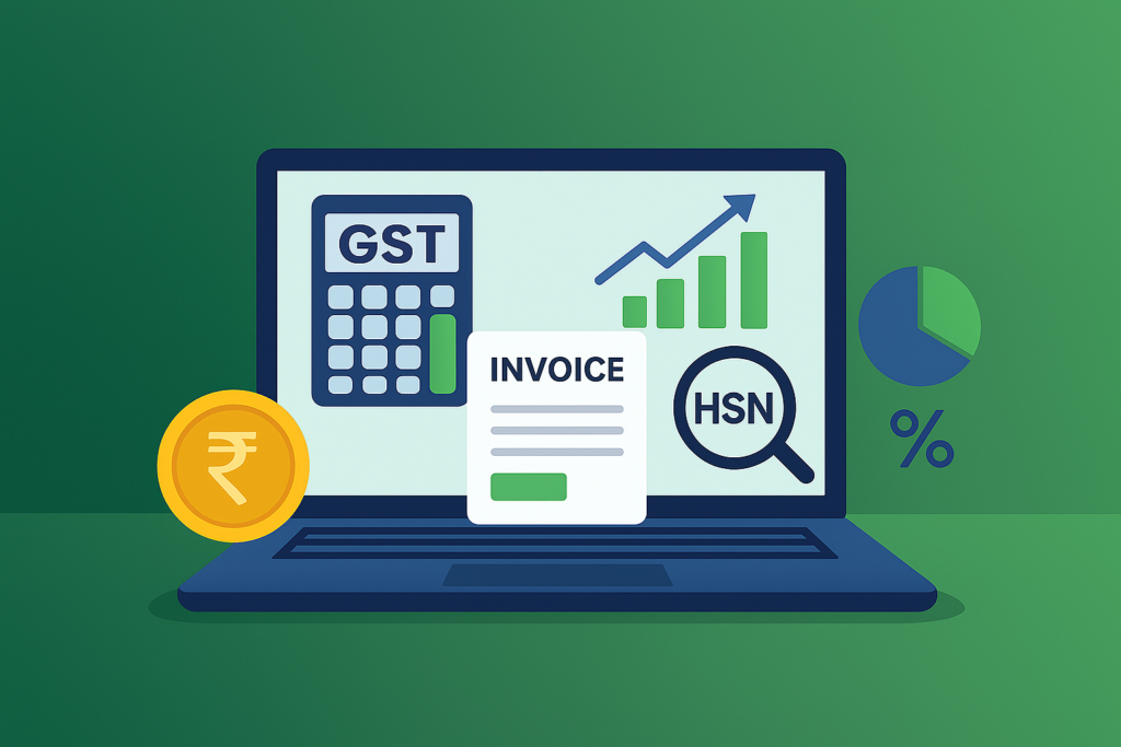Free GST Tools illustration showing GST calculator, invoice generator, HSN code finder, and tax percentage chart for easy GST compliance